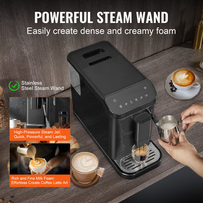 Automatisk Espressomaskin 20Bar med skummande ångstav och 15 slipnivåer