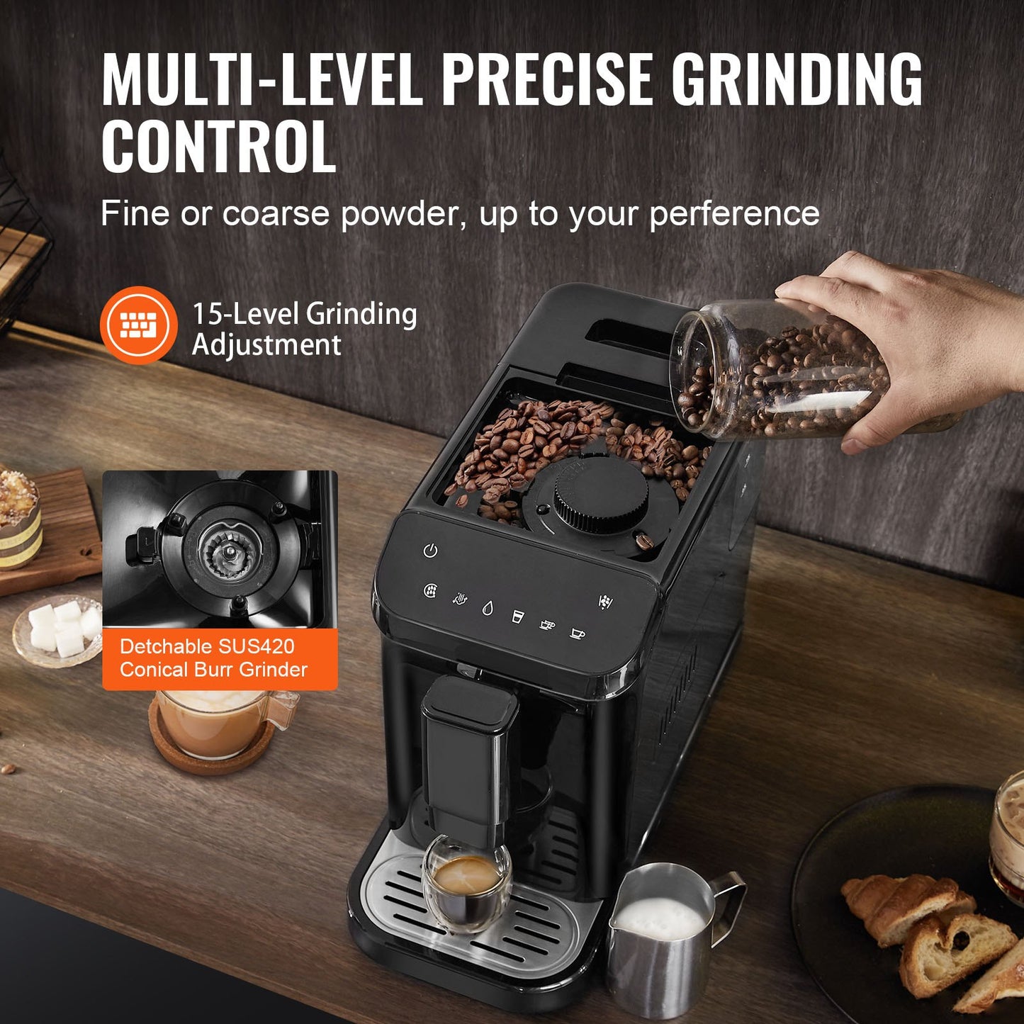Automatisk espressomaskin 15 bar med inbyggd kvarn & 15 slipnivåer