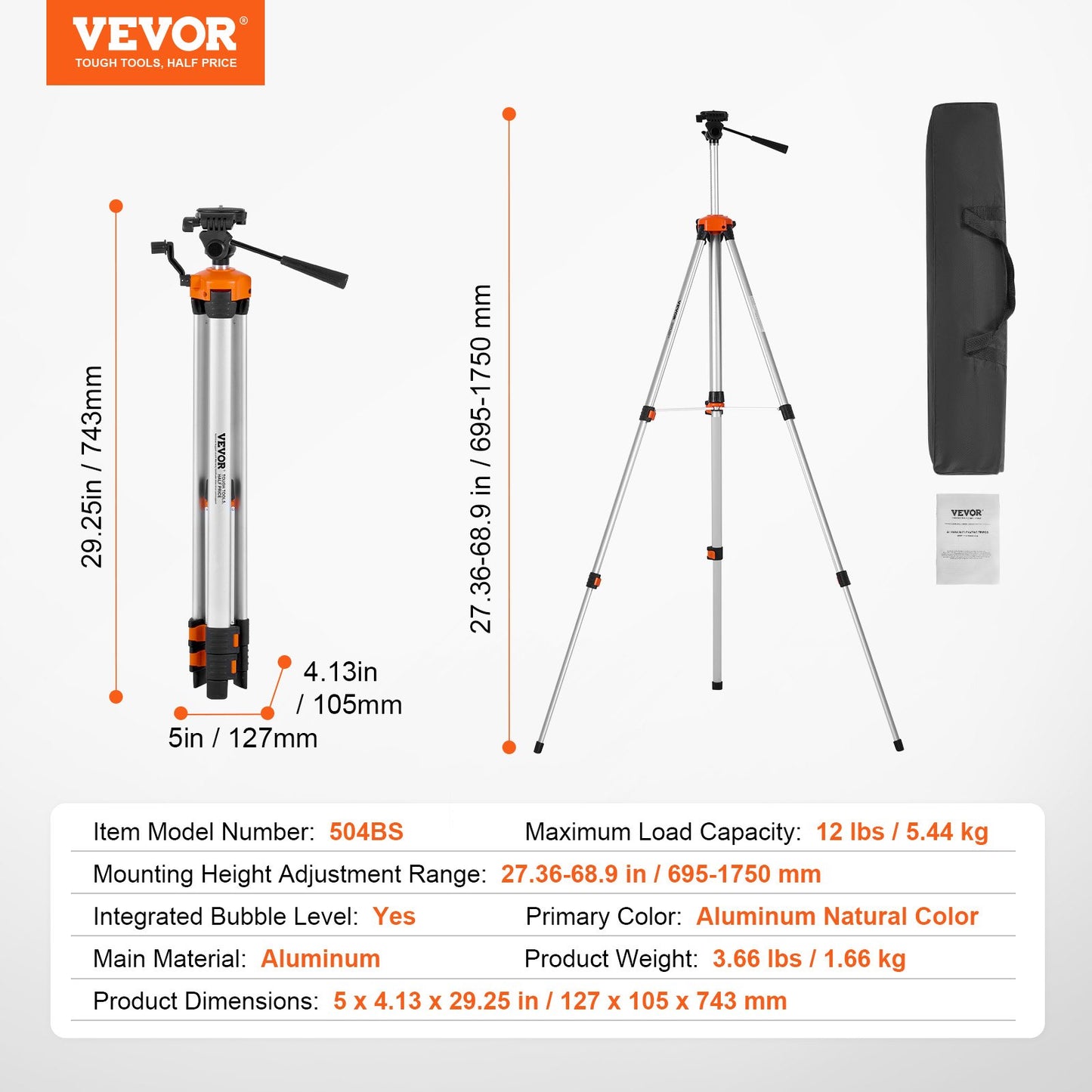 Laser Level Tripod ¼ x 20 tråd 27,36-68,11 tum Höjdjustering