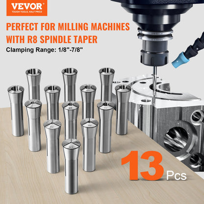 13 st Precision R8 Spännhylsa Set, 1/8'' - 7/8'', 45# Alloy Steel Mill Collet Chuck 0,0012"/30μm TIR med 13 märkta förvaringslådor, för Fräsmaskiner Borrpressar Borrmaskin Bearbetningscenter