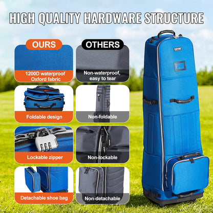 Golf Club Travel Bag Golf Luggage Bag Cover with Wheels 1200D Oxford
