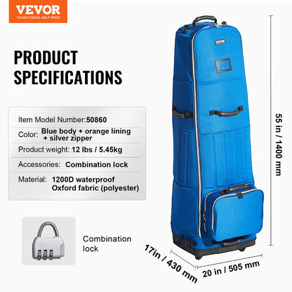 Golf Club Travel Bag Golf Luggage Bag Cover with Wheels 1200D Oxford