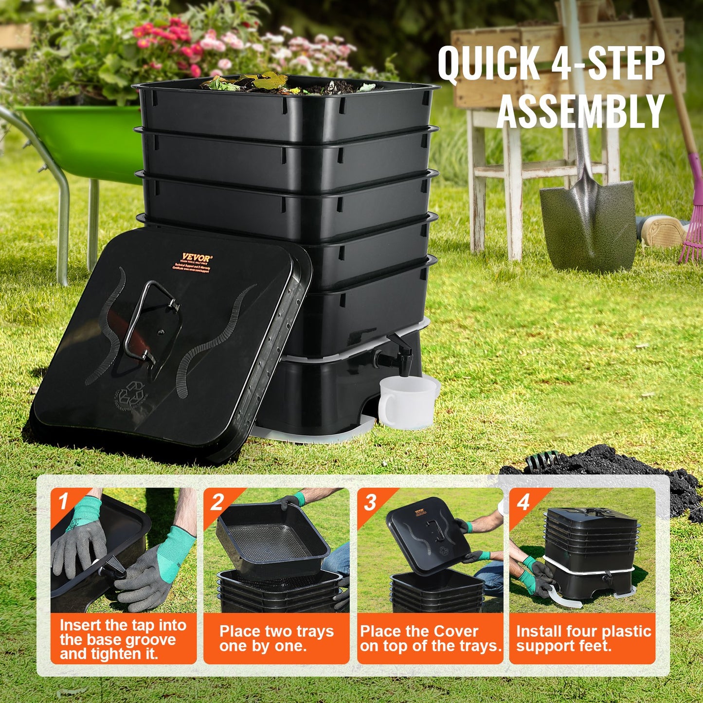 5-tray worm composter, 50L worm compost bin outdoor and indoor, worm farm kit with sustainable design, for food waste recycling, worm castings, worm tea, vermiculture and vermicomposting