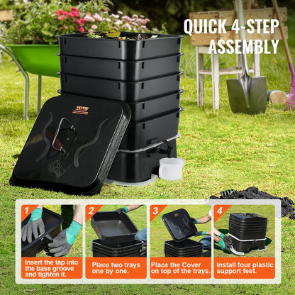 5-tray worm composter, 50L worm compost bin outdoor and indoor, worm farm kit with sustainable design, for food waste recycling, worm castings, worm tea, vermiculture and vermicomposting