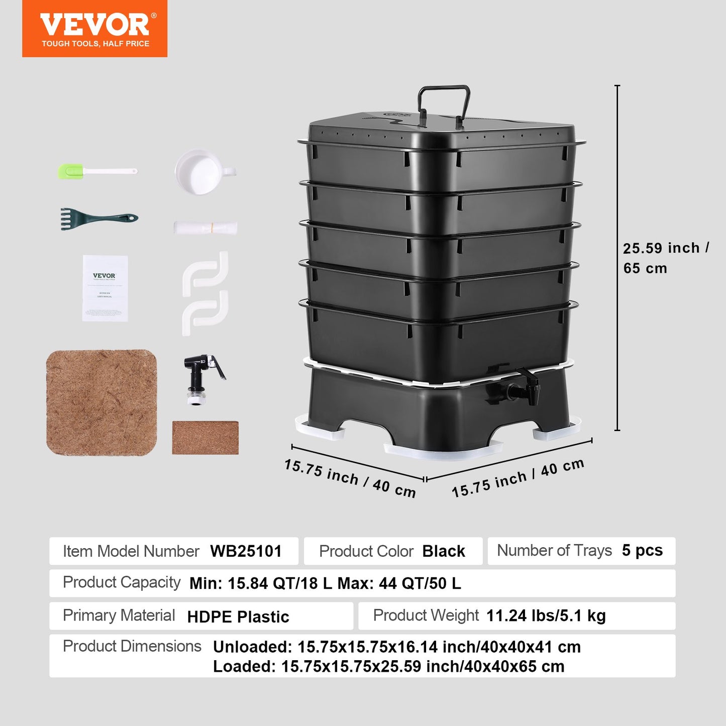 5-tray worm composter, 50L worm compost bin outdoor and indoor, worm farm kit with sustainable design, for food waste recycling, worm castings, worm tea, vermiculture and vermicomposting