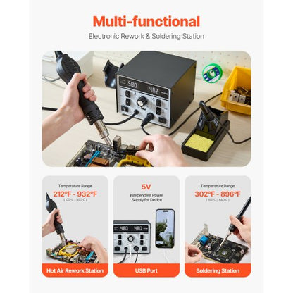 2-in-1 Hot Air Rework &amp; Soldering Station 820W with 5V USB Charging Port | EU
