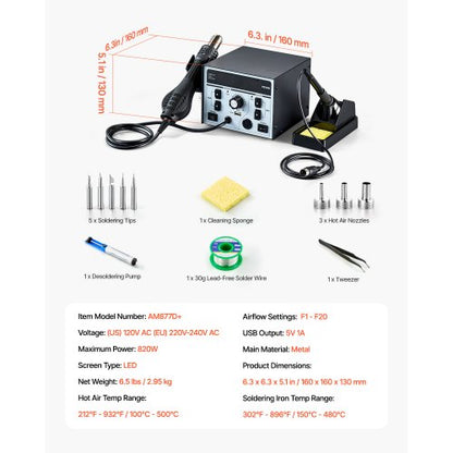 2-in-1 Hot Air Rework &amp; Soldering Station 820W with 5V USB Charging Port | EU