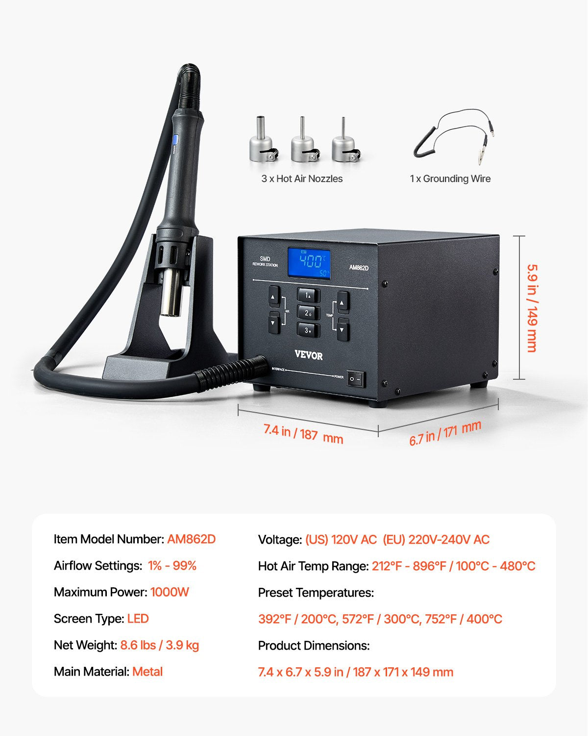 Hot Air Rework Station 1000W LED Digital SMD Rework Station 212℉-896℉
