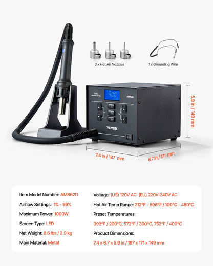 Hot Air Rework Station 1000W LED Digital SMD Rework Station 212℉-896℉