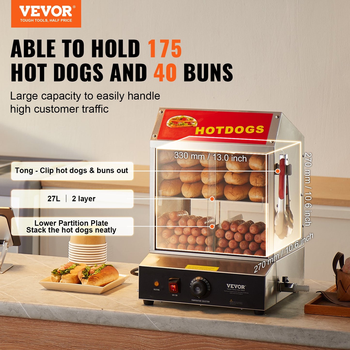 Commercial Hot Dog Steamer 2-vånings elektrisk bullvärmare 27L skjutdörrar