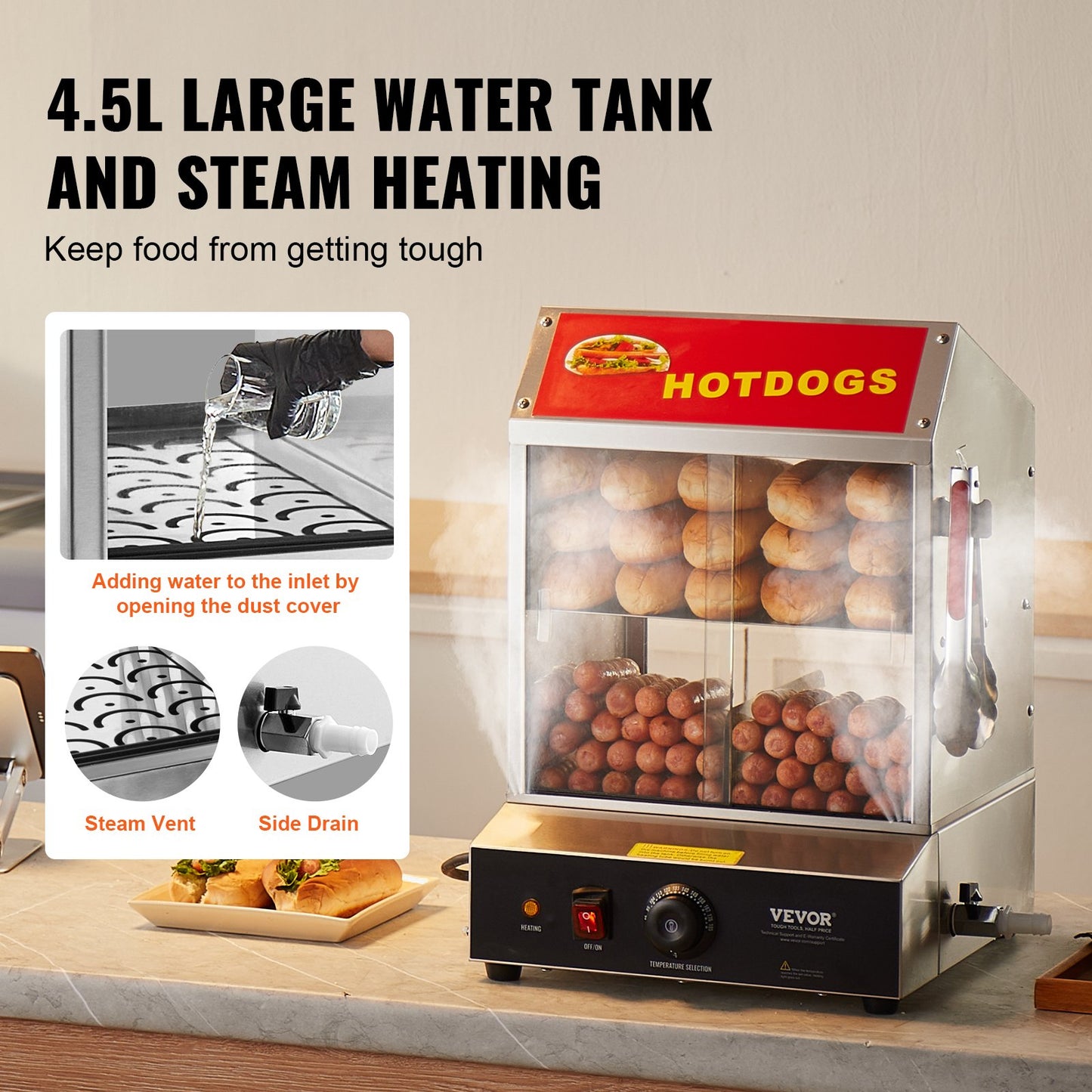 Commercial Hot Dog Steamer 2-vånings elektrisk bullvärmare 27L skjutdörrar
