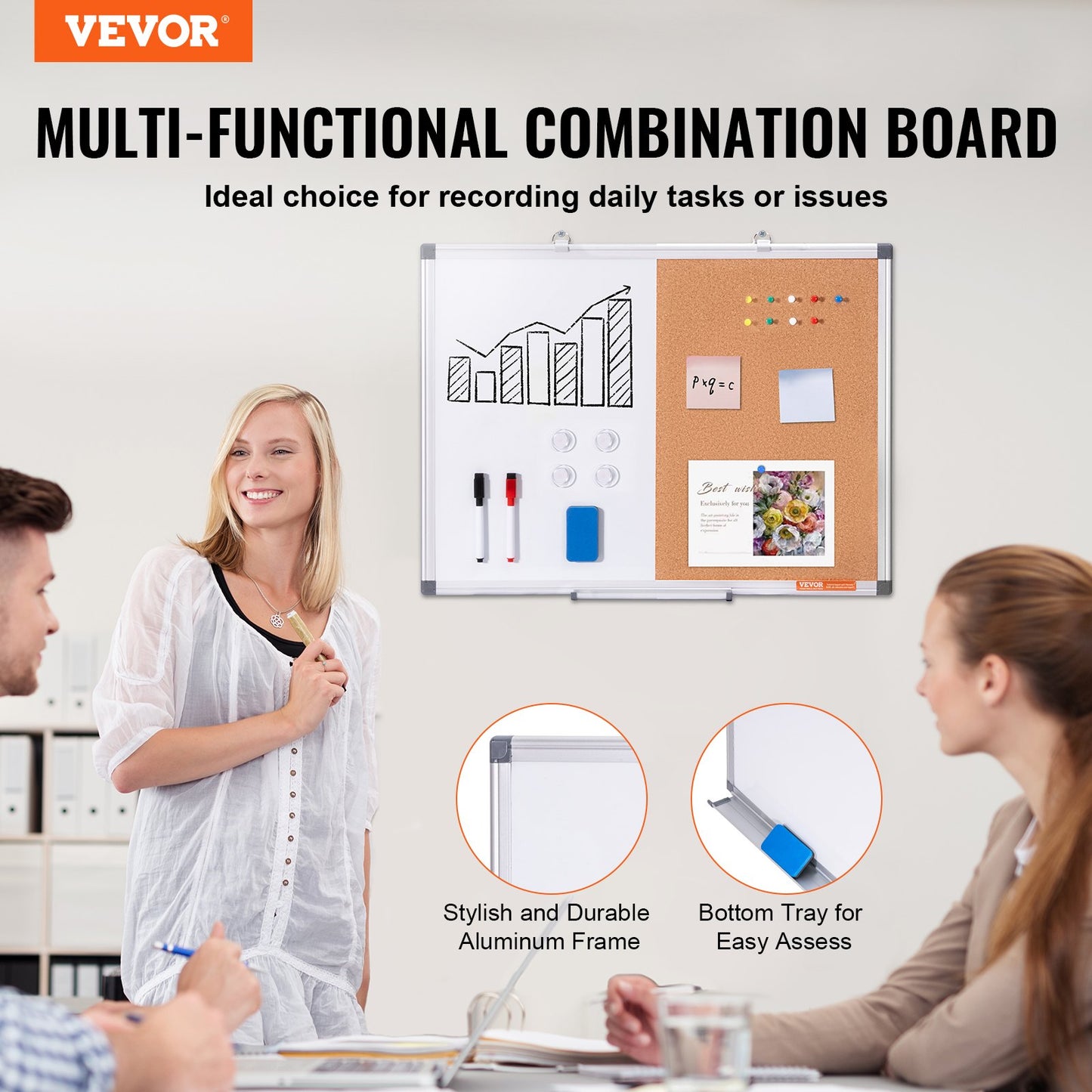 24" x 18" Whiteboard & Cork Board Combo med aluminiumram för skolhem