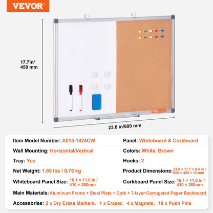 24" x 18" Whiteboard & Cork Board Combo med aluminiumram för skolhem