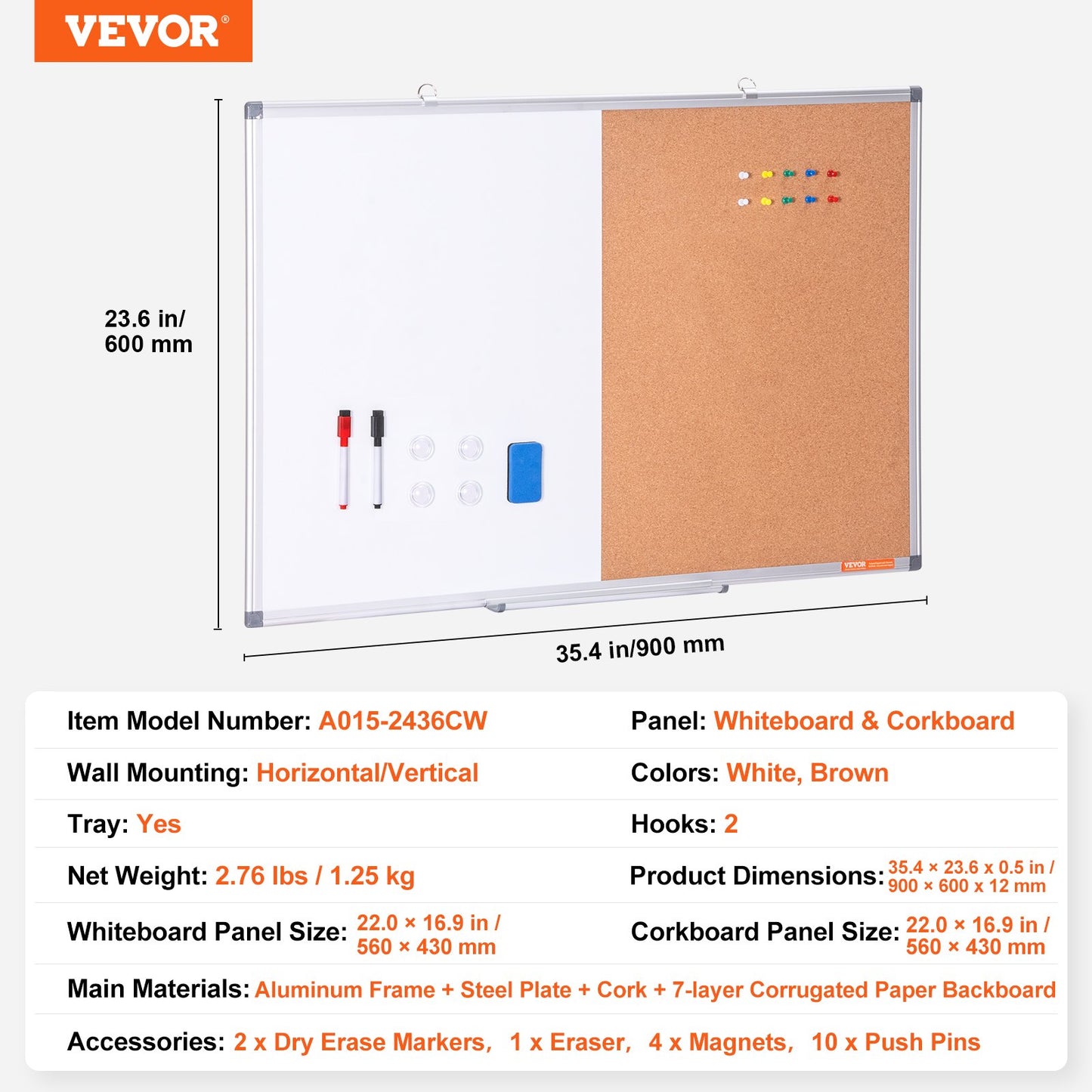 36" x 24" Whiteboard & Cork Board Combo med aluminiumram för skolhem