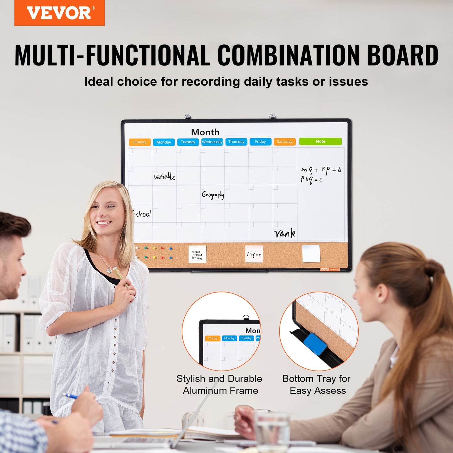 36"x24" Monthly Calendar Whiteboard &amp; Cork Board Combo with Aluminum Frame