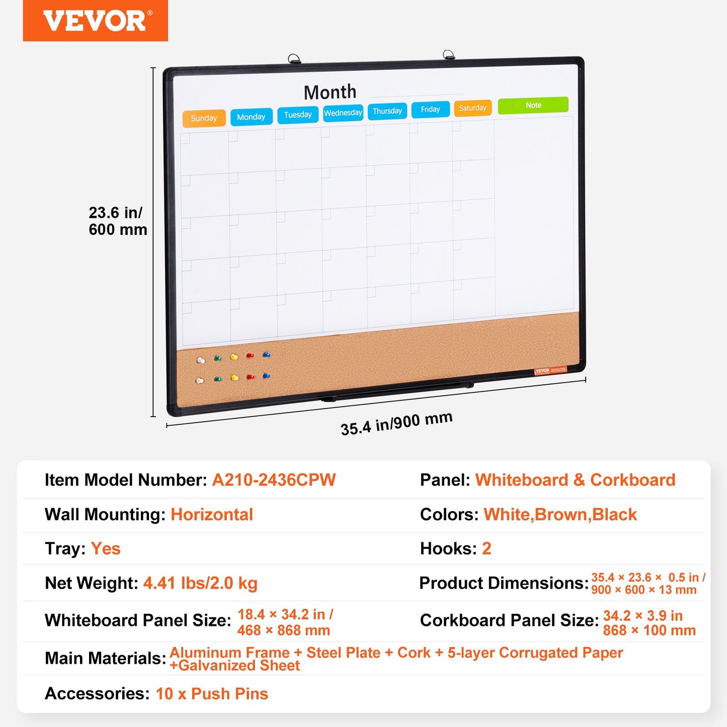 36"x24" Monthly Calendar Whiteboard &amp; Cork Board Combo with Aluminum Frame