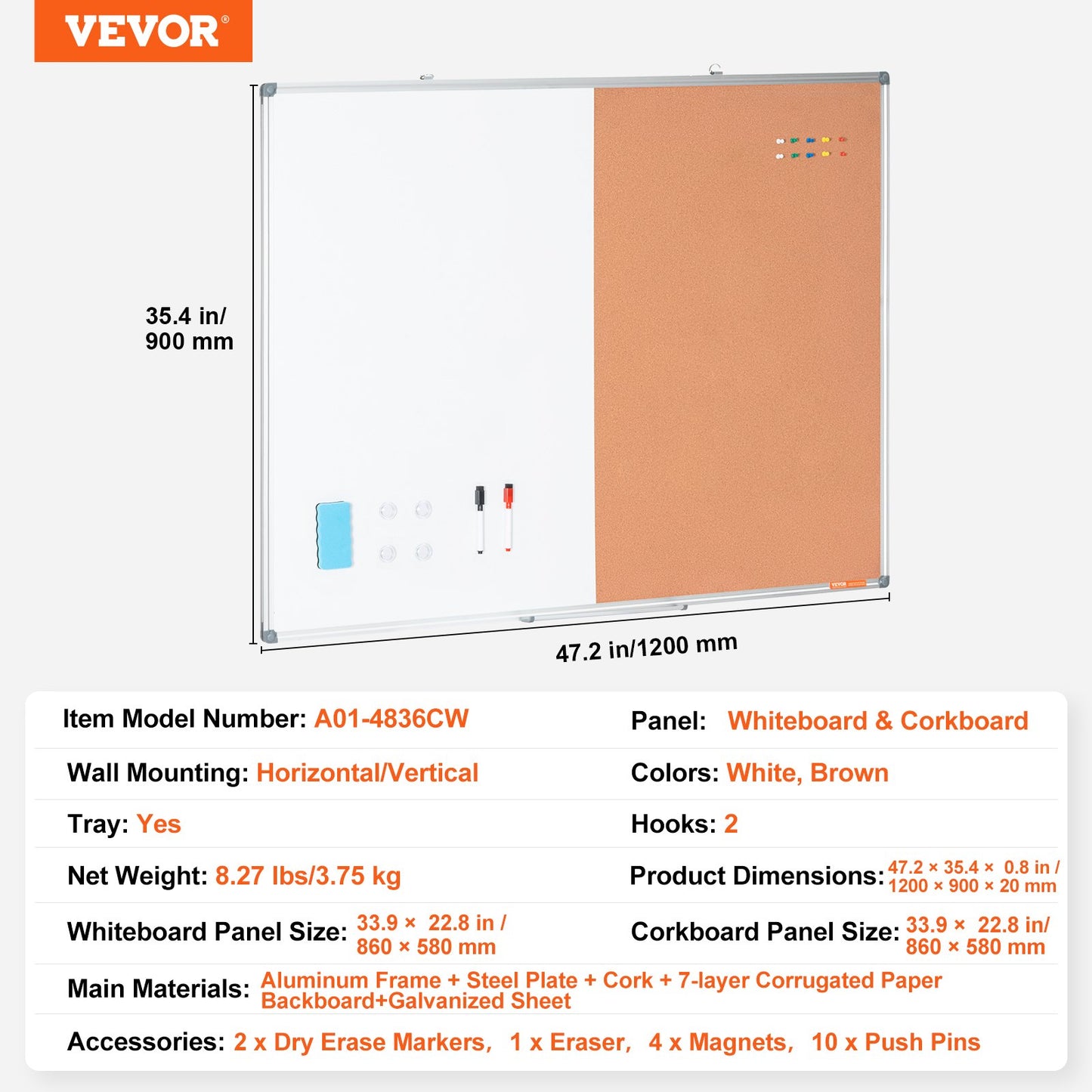 48" x 36" Whiteboard & Cork Board Combo med aluminiumram för skolhem
