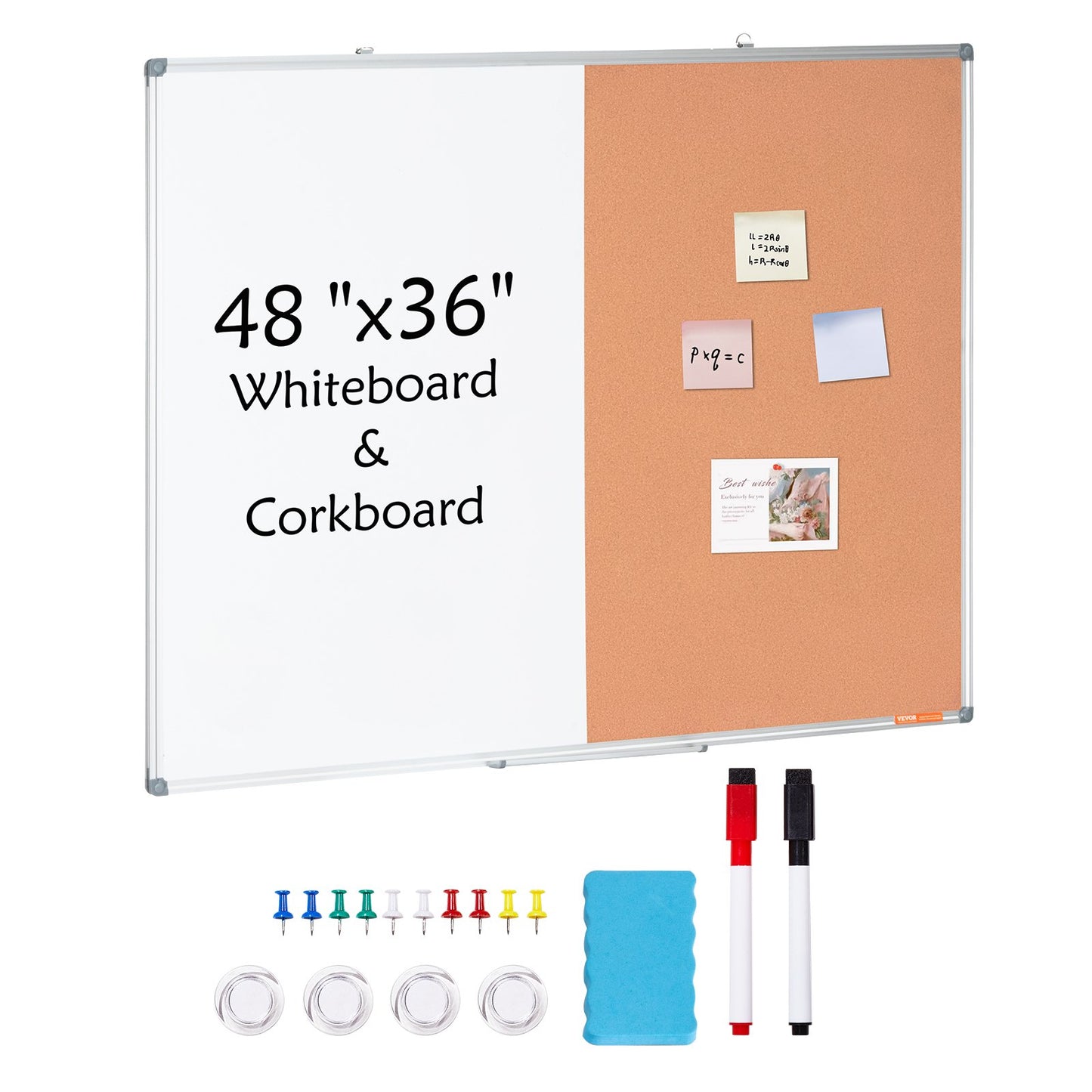 48" x 36" Whiteboard & Cork Board Combo med aluminiumram för skolhem