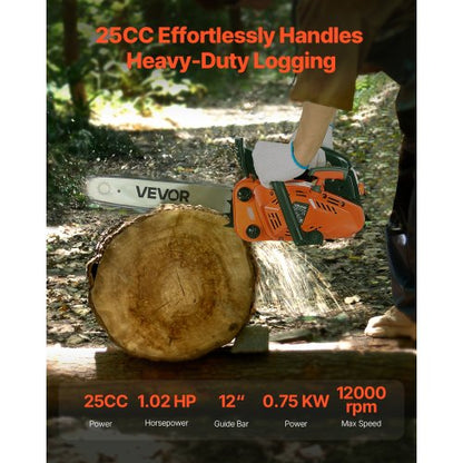 25cc Gasoline Chainsaw 1.02hp Gasoline 12 Inch Chainsaw for Wood Cutting