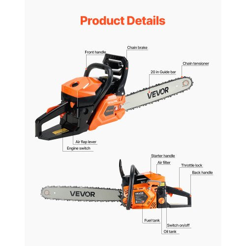 58cc Gasoline Chainsaw 2.7hp Gasoline 20 inch Chainsaw for Wood Cutting