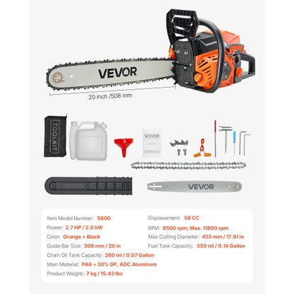 58cc Gasoline Chainsaw 2.7hp Gasoline 20 inch Chainsaw for Wood Cutting