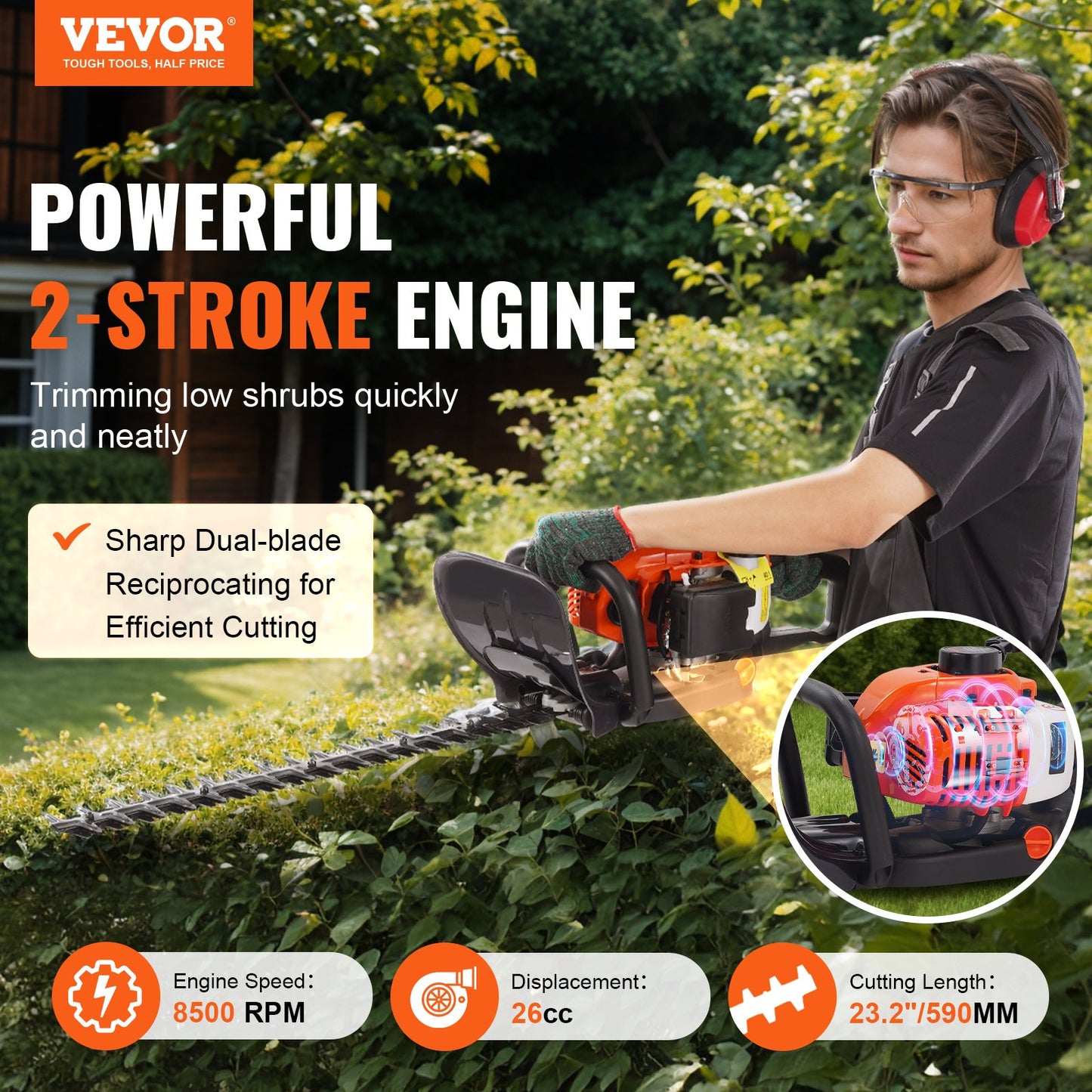 23.2" 26CC 2-Stroke Gas Hedge Trimmer Gas Powered Handheld Hedge Trimmer