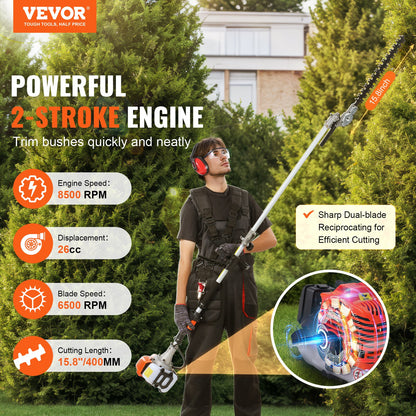 15.7-inch 26CC 2-stroke gas hedge trimmer Gas powered pole hedge trimmer
