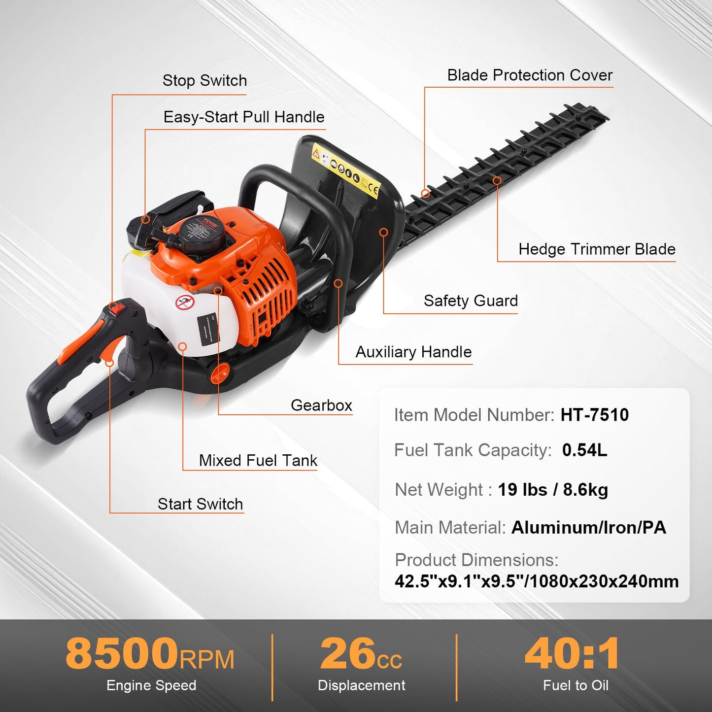 23.2" 26CC 2-Stroke Gas Hedge Trimmer Gas Powered Handheld Hedge Trimmer