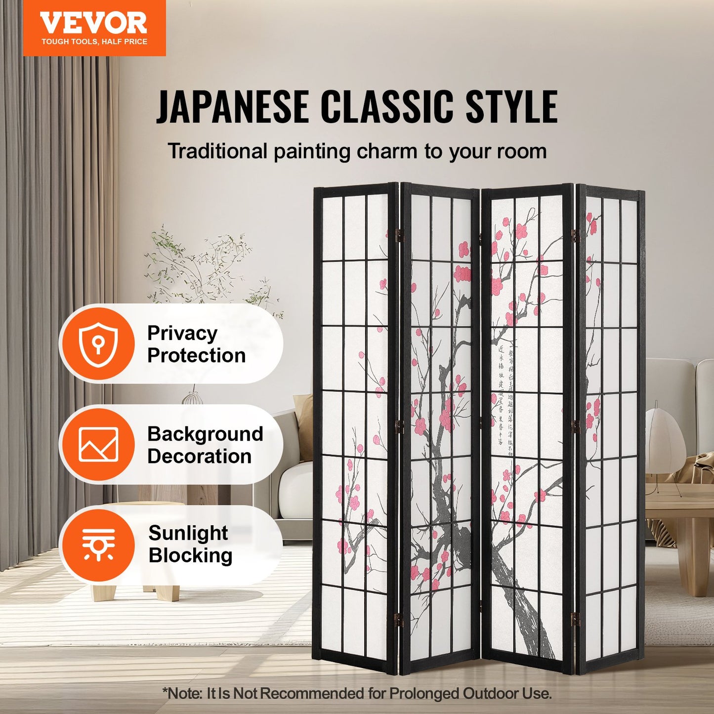 Room Divider Japansk Room Screen Divider 4 Panel för rumsseparering