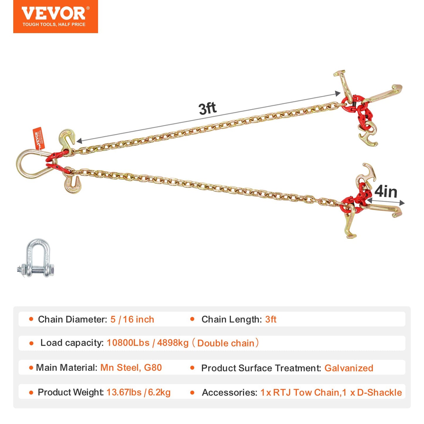 5/16" x 3' G80 Pulley V-chain Bridle RTJ &amp; Grab Hooks Wrecker 10800 lbs