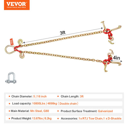 5/16" x 3' G80 Pulley V-chain Bridle RTJ &amp; Grab Hooks Wrecker 10800 lbs