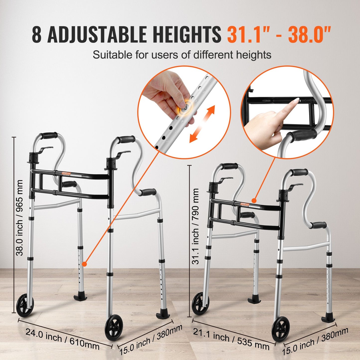 Folding Walker Stand-Assist Folding Walker with Adjustable Height and Width