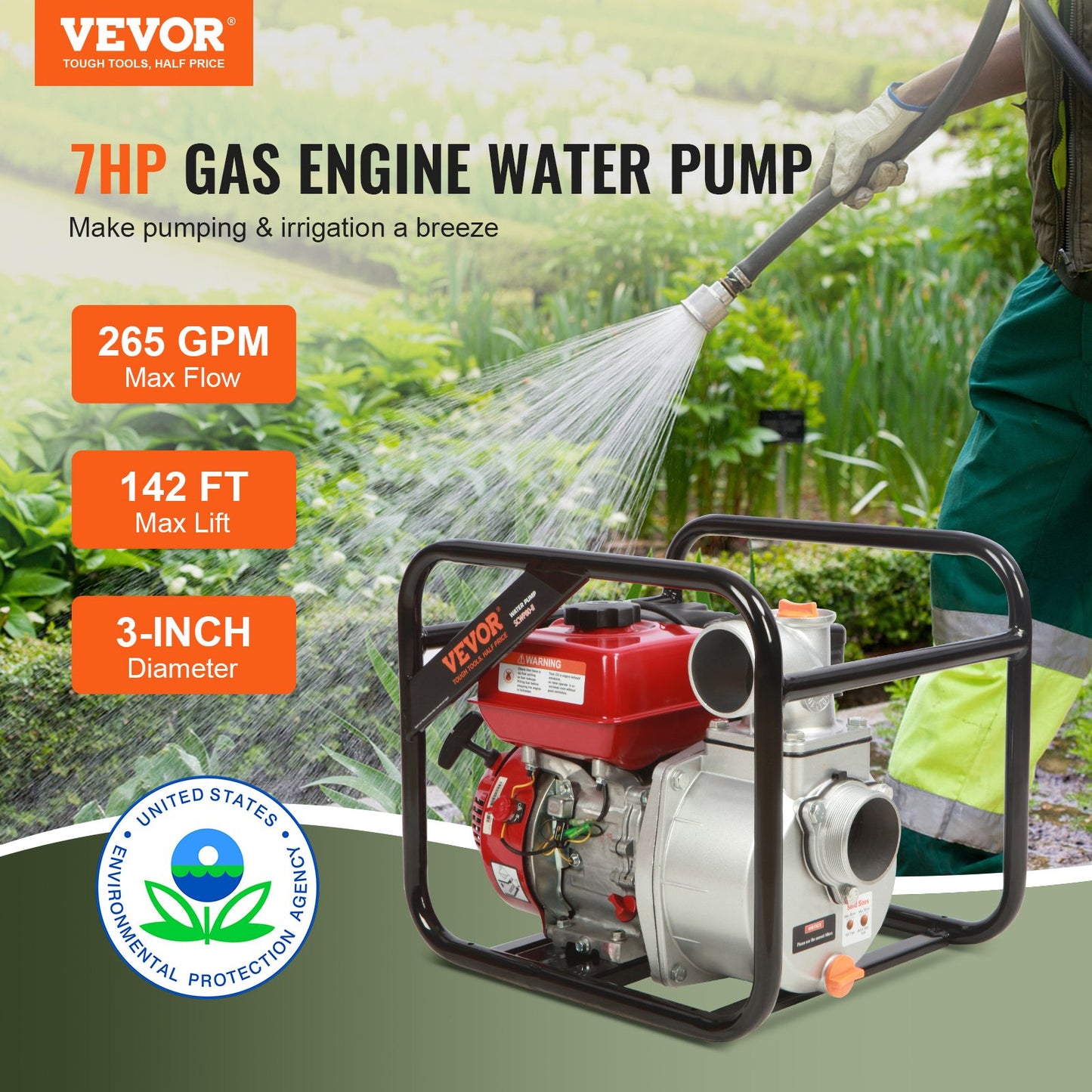 Gasoline Engine Water Pump, 3-Inch, 7HP 265 GPM, 142ft Lift, 22ft Suction, 4-Stroke Gas Powered Sewage Transfer Pump Portable High Pressure Hose with 25ft Hose for Irrigation Pool, EPA Certified