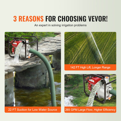 Gasoline Engine Water Pump, 3-Inch, 7HP 265 GPM, 142ft Lift, 22ft Suction, 4-Stroke Gas Powered Sewage Transfer Pump Portable High Pressure Hose with 25ft Hose for Irrigation Pool, EPA Certified