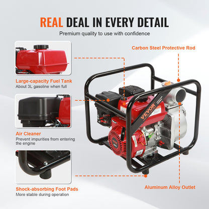 Gasoline Engine Water Pump, 3-Inch, 7HP 265 GPM, 142ft Lift, 22ft Suction, 4-Stroke Gas Powered Sewage Transfer Pump Portable High Pressure Hose with 25ft Hose for Irrigation Pool, EPA Certified