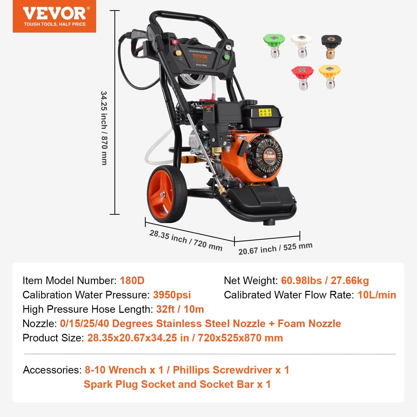 Gastryckstvätt 3950 PSI 10L/min 2,6 GPM med 5 munstycken för bilar