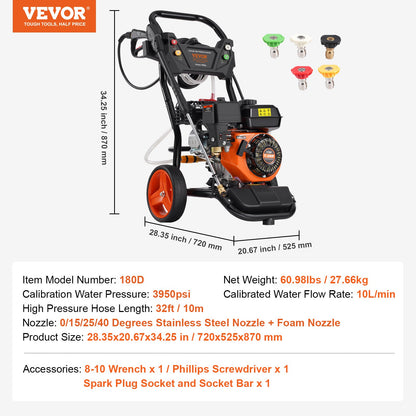 Gastryckstvätt 3950 PSI 10L/min 2,6 GPM med 5 munstycken för bilar