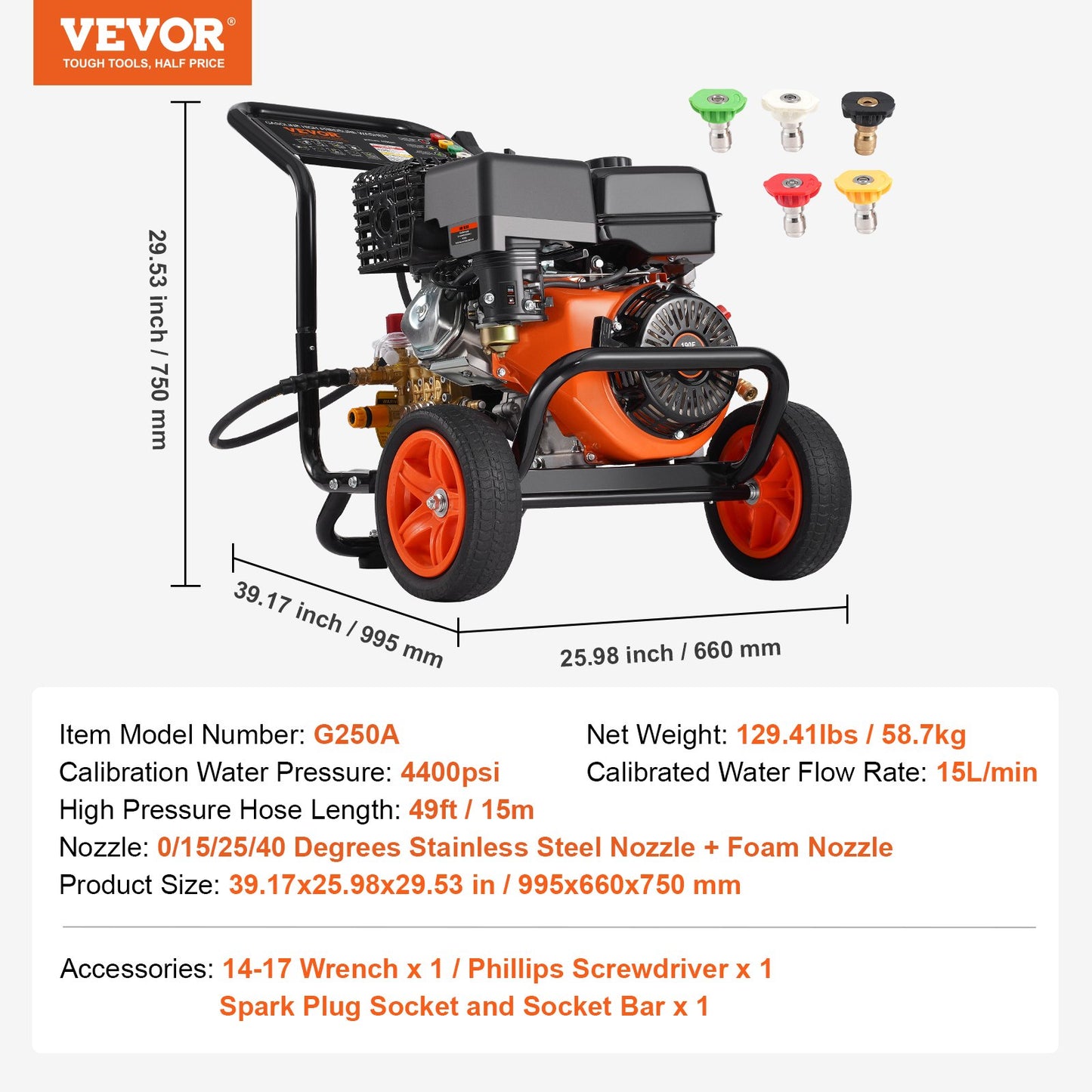 Gastryckstvätt 4400 PSI 15L/min 2,6 GPM med 5 munstycken för bilar