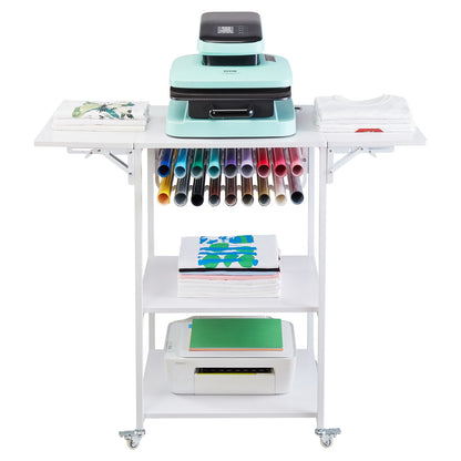 Heat Press Table 3-Tier Movable Heat Press Stand Foldable with Wheels White