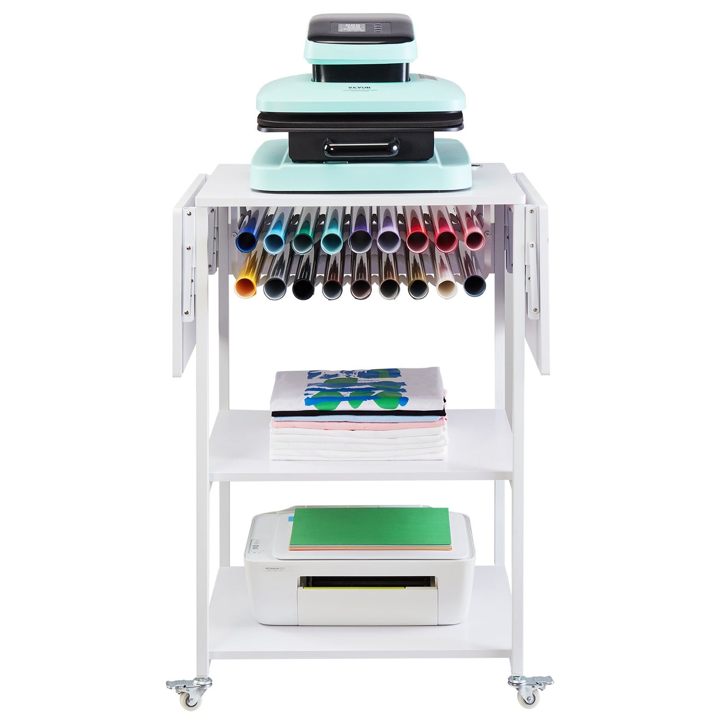 Heat Press Table 3-Tier Movable Heat Press Stand Foldable with Wheels White