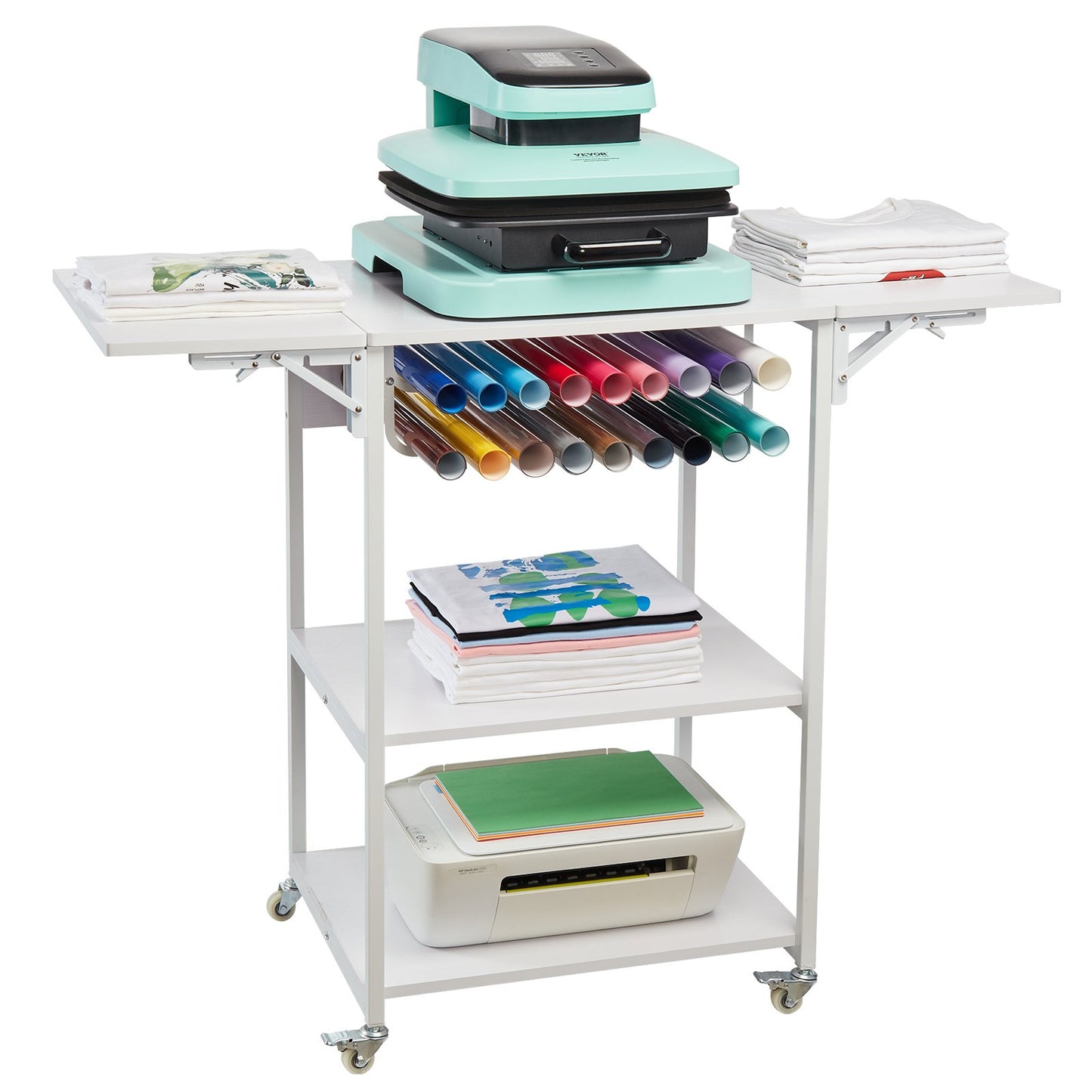Heat Press Table 3-Tier Movable Heat Press Stand Foldable with Wheels White