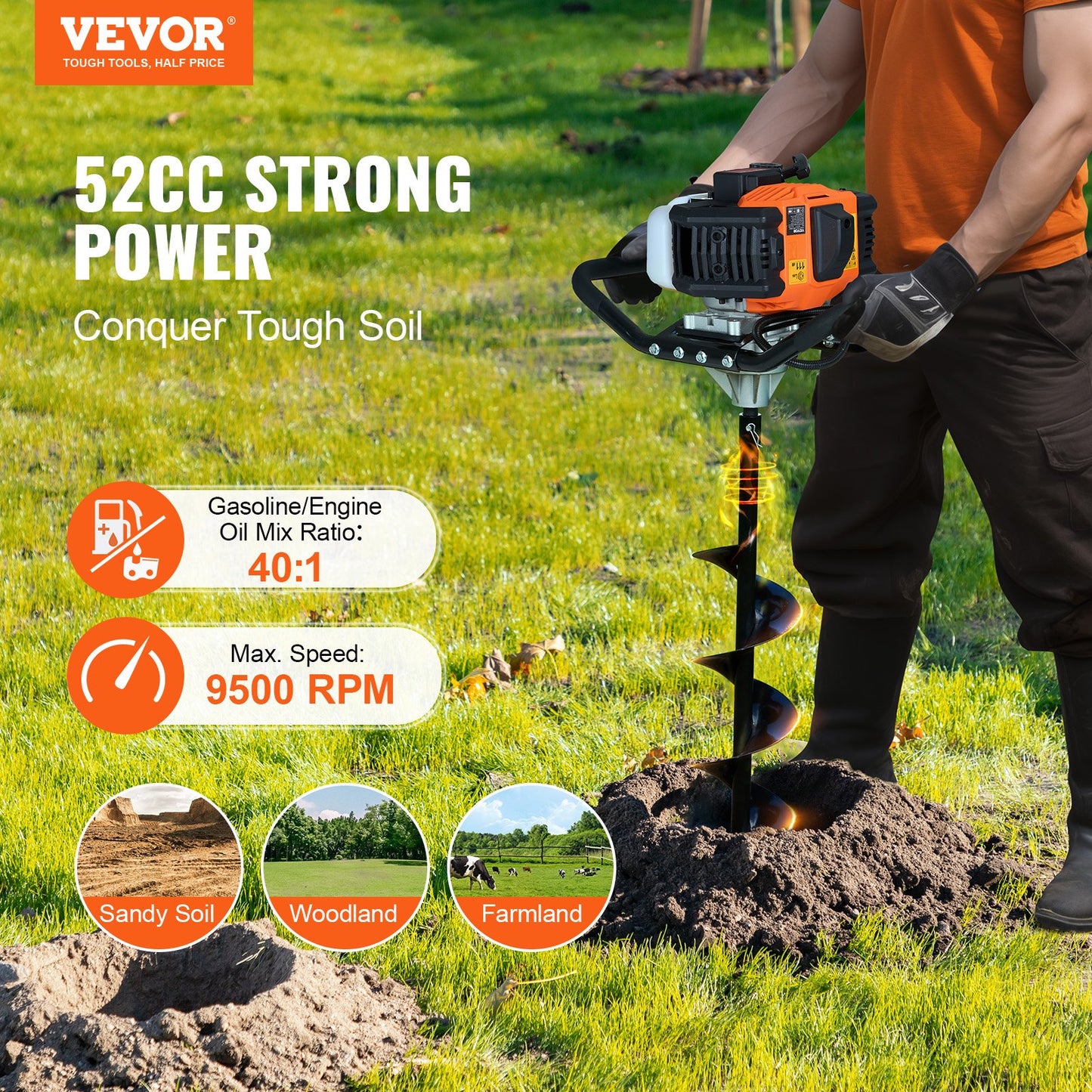 Gas Post Hole Digger 52CC 1450W med 6” & 10” borr och 3 förlängningsstav