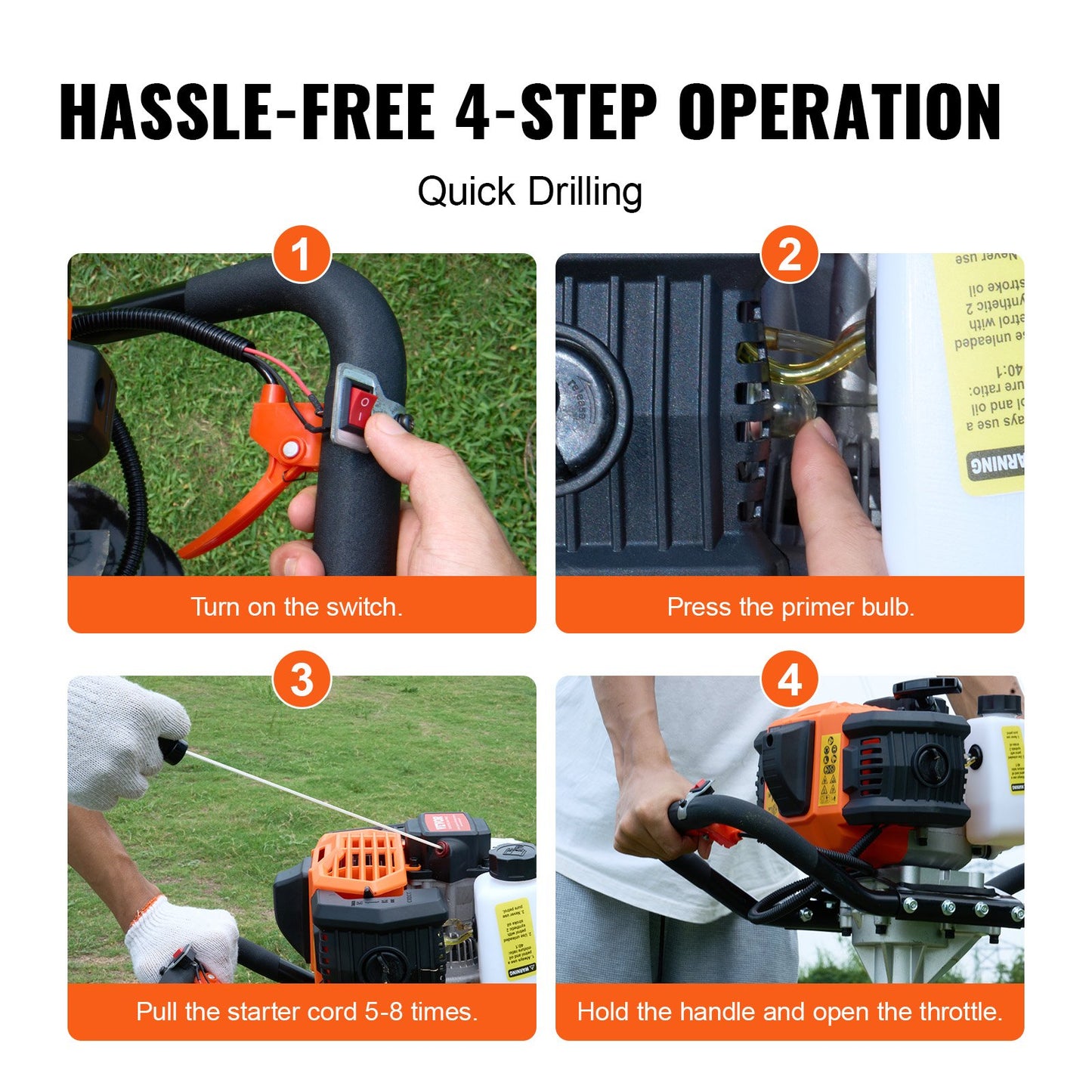 Gas Post Hole Digger 52CC 1450W med 6” & 10” borr och 3 förlängningsstav
