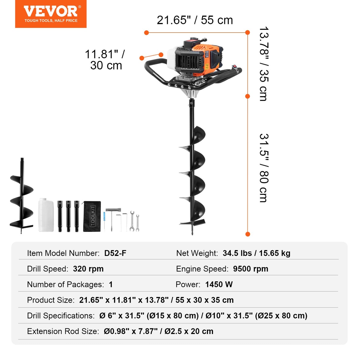 Gas Post Hole Digger 52CC 1450W med 6” & 10” borr och 3 förlängningsstav