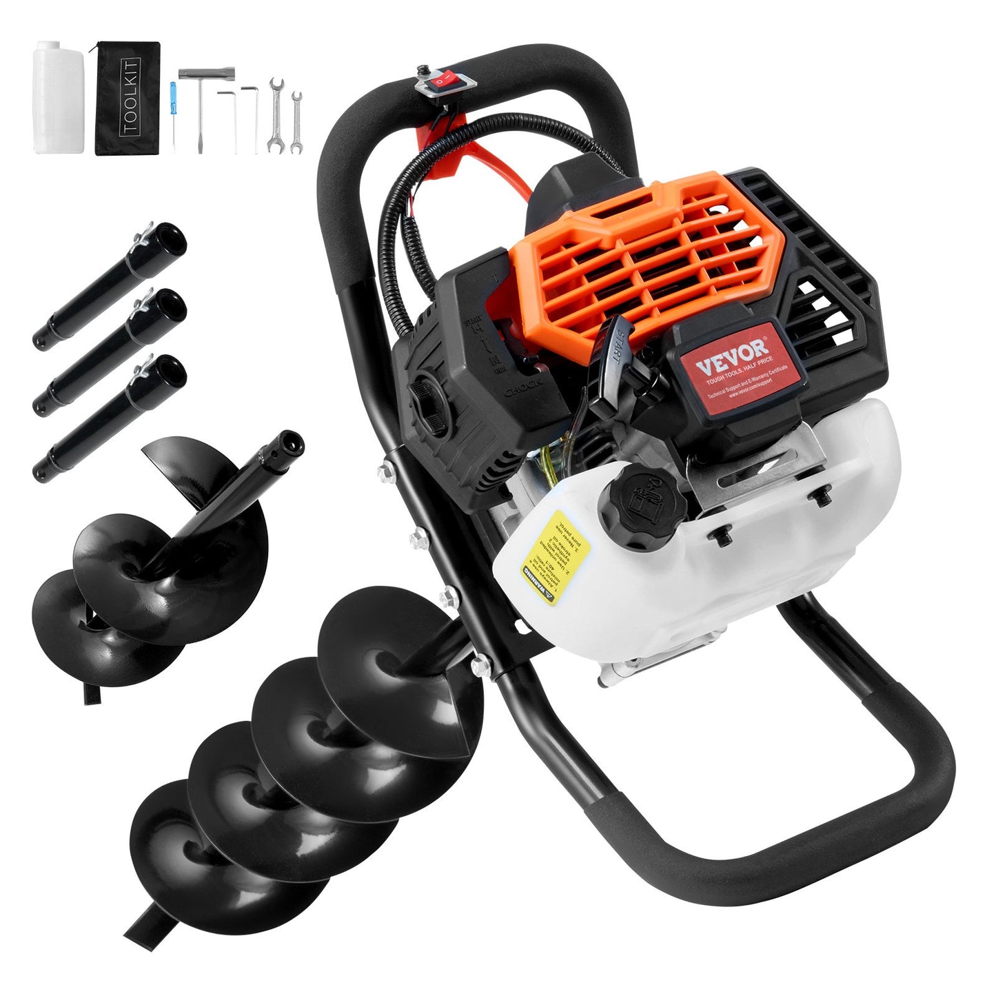 Gas Post Hole Digger 52CC 1450W med 6” & 10” borr och 3 förlängningsstav