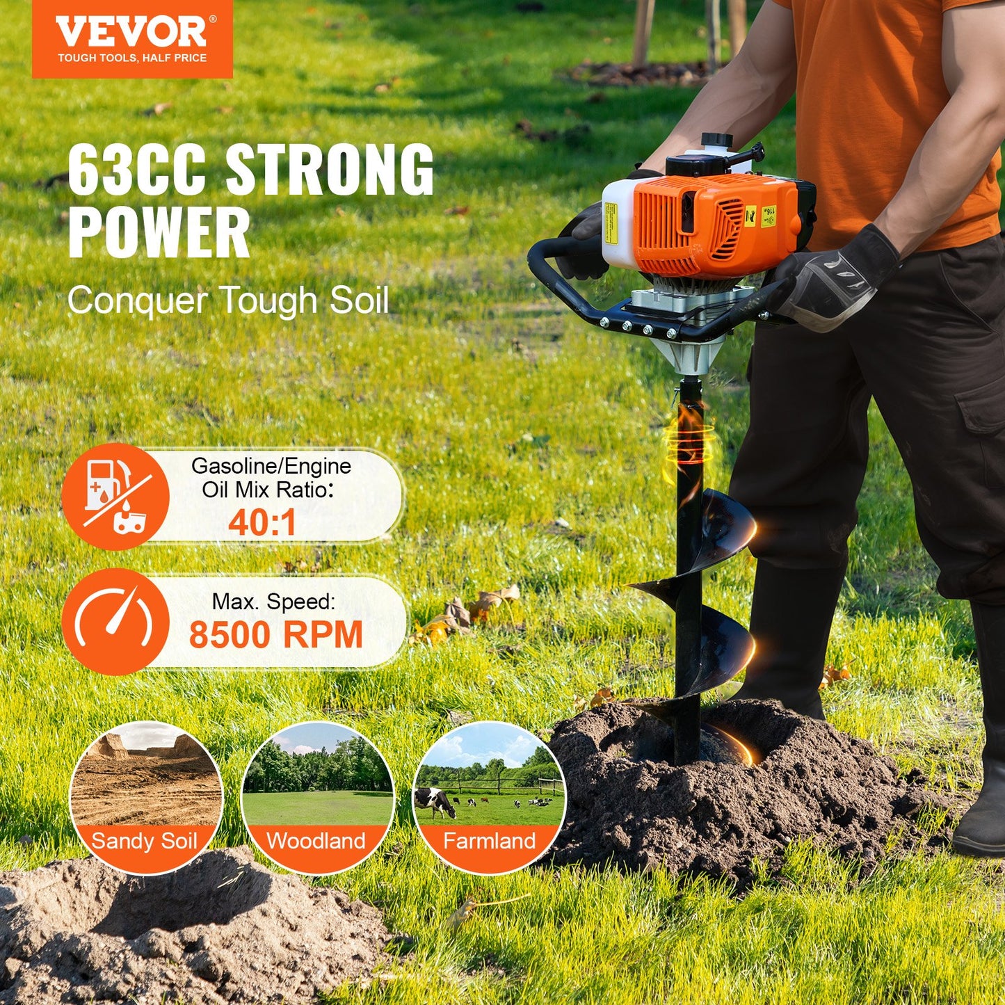Gas Post Hole Digger 63CC 2400W with 8” drill and 1 extension rod