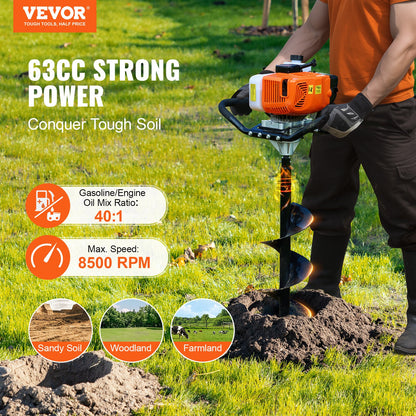 Gas Post Hole Digger 63CC 2400W with 8” drill and 1 extension rod
