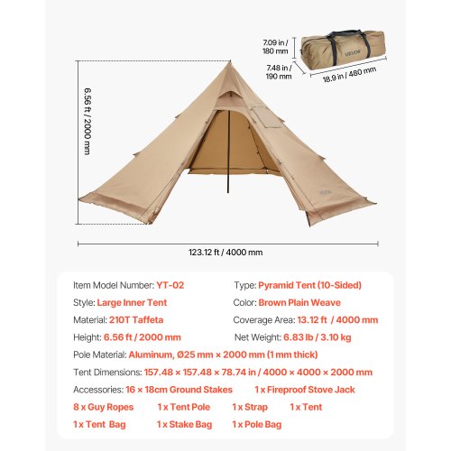 Tipi Heated Tent with Stove Outlet Waterproof Portable for Camping 4 People | EU