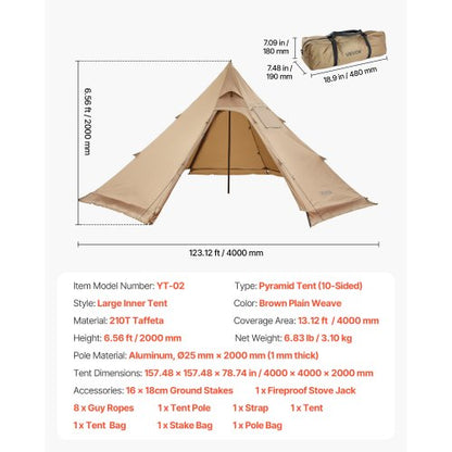 Tipi Heated Tent with Stove Outlet Waterproof Portable for Camping 4 People | EU