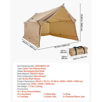 Cabin Hot Tent with Stove Outlet Lightweight Waterproof Camping for 2 People | EU